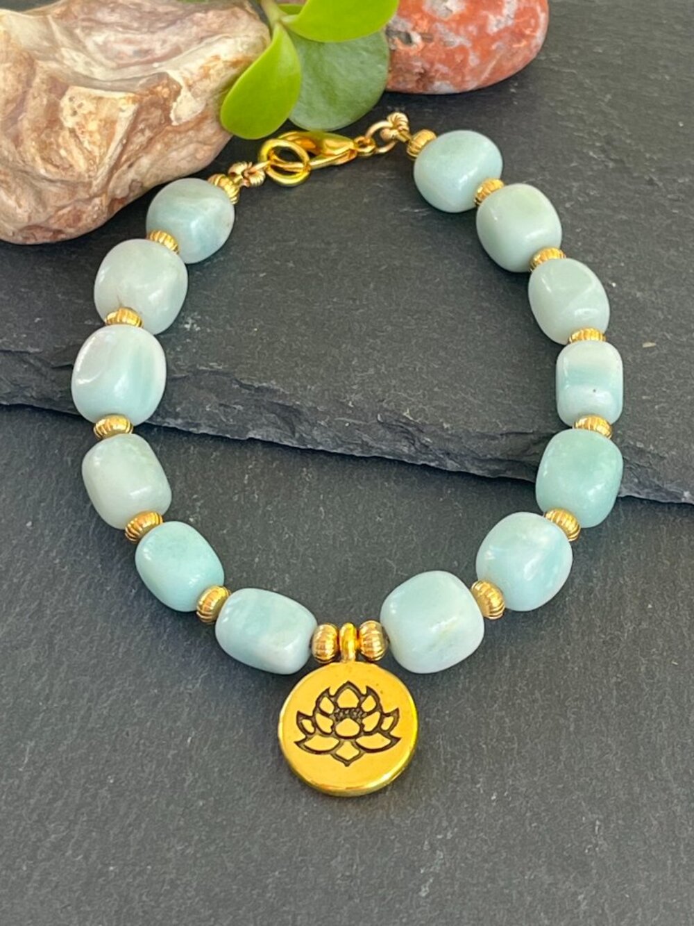 Amazonite Gemstone Boho Bracelet | Gold Lotus Charm Bracelet | Mint Green